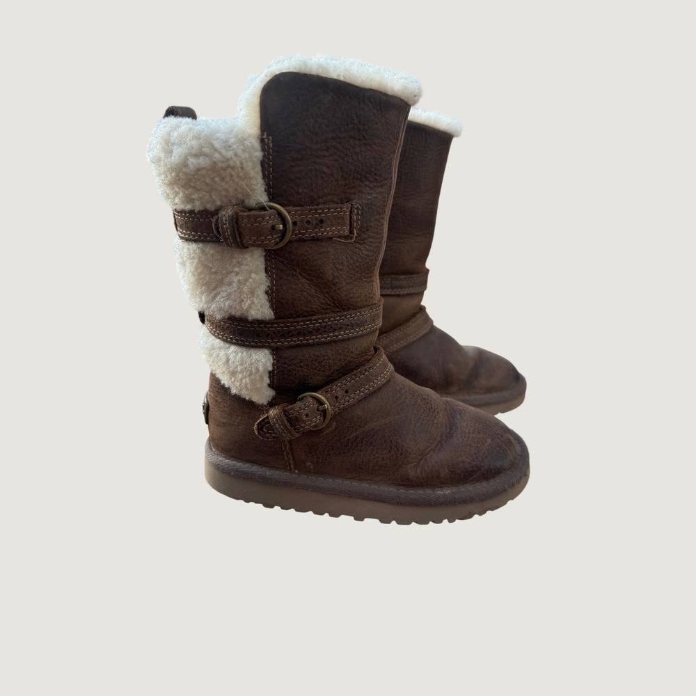 GG Kids Brown Leather Shearling Cuff Buckle Boots Size 10